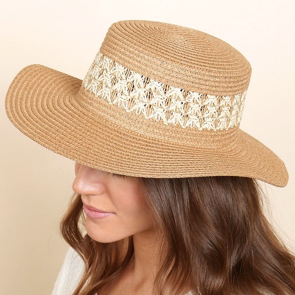 Riah Fashion Accessories - NEW Natural Tan Mix Contrast Weaved  Straw Wide Brim Panama Floppy Beach Sun Hat